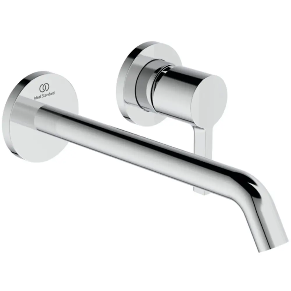 Küchenarmatur in Chrom-Finish von Ideal Standard, mit einer runden Rosette und einem langen, geraden Auslauf für Wandmontage.